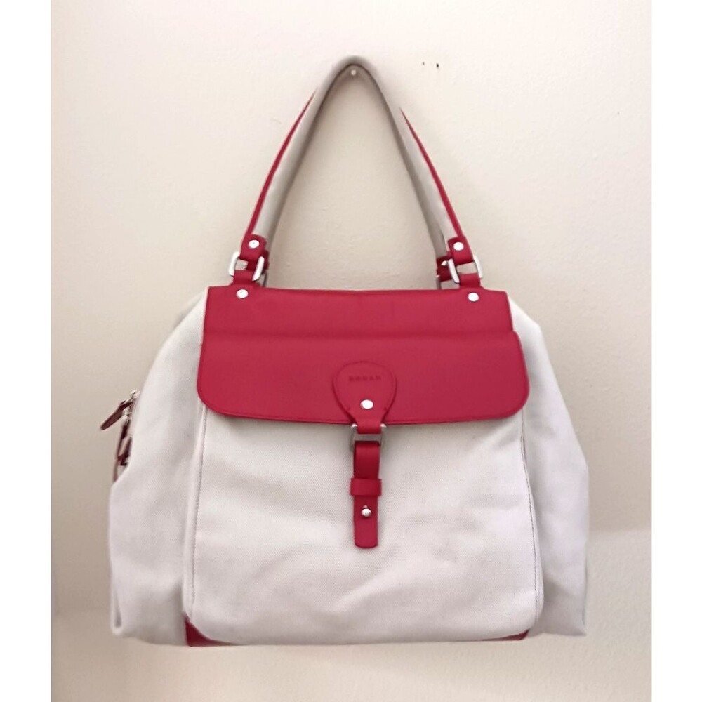 HOGAN Boston Lg Convertible Tote Bag Ivory Canvas Red Leather Made in Italy